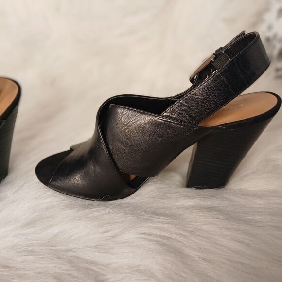 NINE WEST BLACK LEATHER OPEN TOE HEELS W/ CROSS OVER BUCKLE STRAP SIZE 8 1/2 - Picture 5 of 16